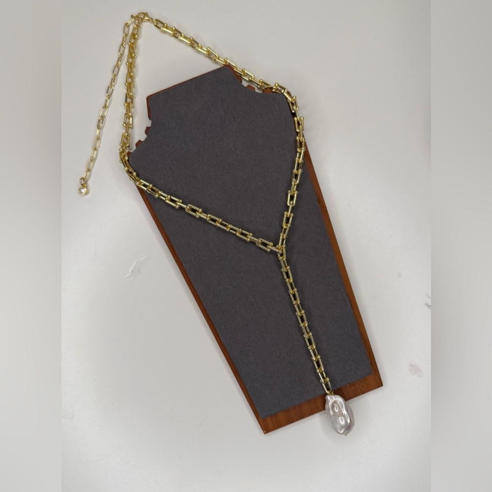 Vanessa Mooney Gold Bar Link Chain Baroque Pearl Lariat Necklace Statement - Picture 5 of 8